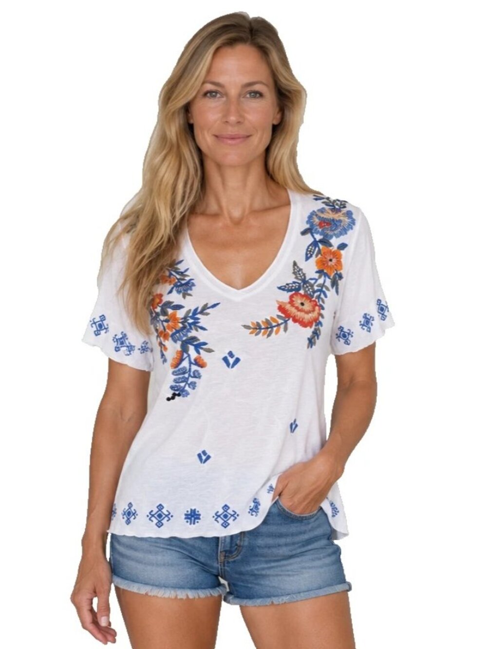 NWT Caite Sami Tee Bright White Floral Embroidered Roses S Small V-Neck Kyla Seo